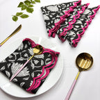 Black Pink scallop cotton Embroidery Napkins for table decoration and christmas gift | Reusable Floral Table Linen