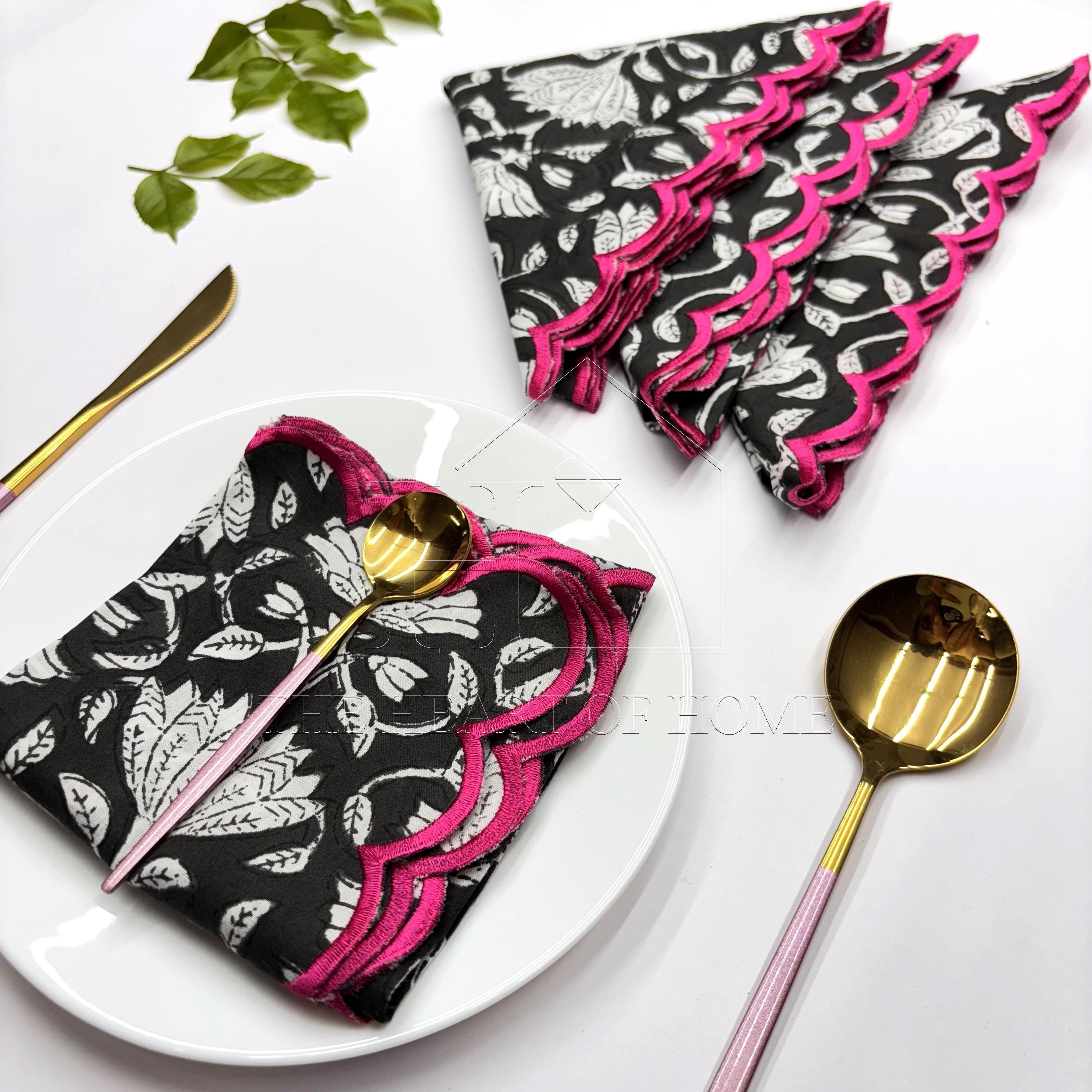 Black Pink scallop cotton Embroidery Napkins for table decoration and christmas gift | Reusable Floral Table Linen