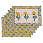 Hand Block Printed Placemats and Napkins: Yellow Green Floral Cotton Set
