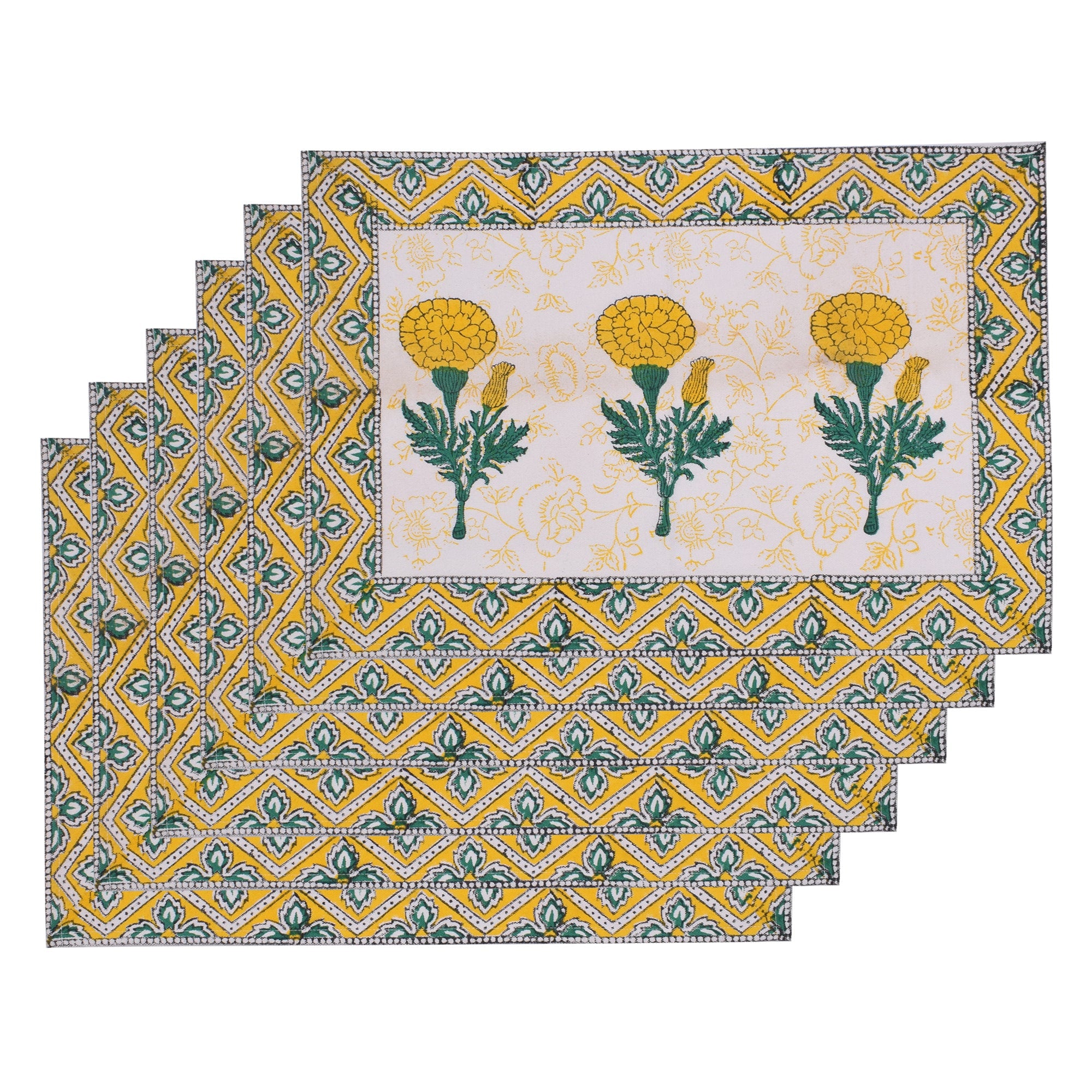Hand Block Printed Placemats and Napkins: Yellow Green Floral Cotton Set