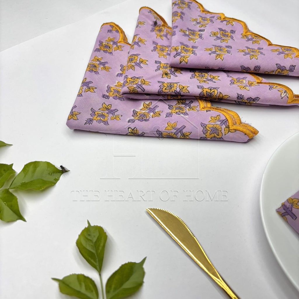 Lavender yellow scallop cotton Embroidery Napkins for table decoration and christmas gift | Reusable Floral Table Linen