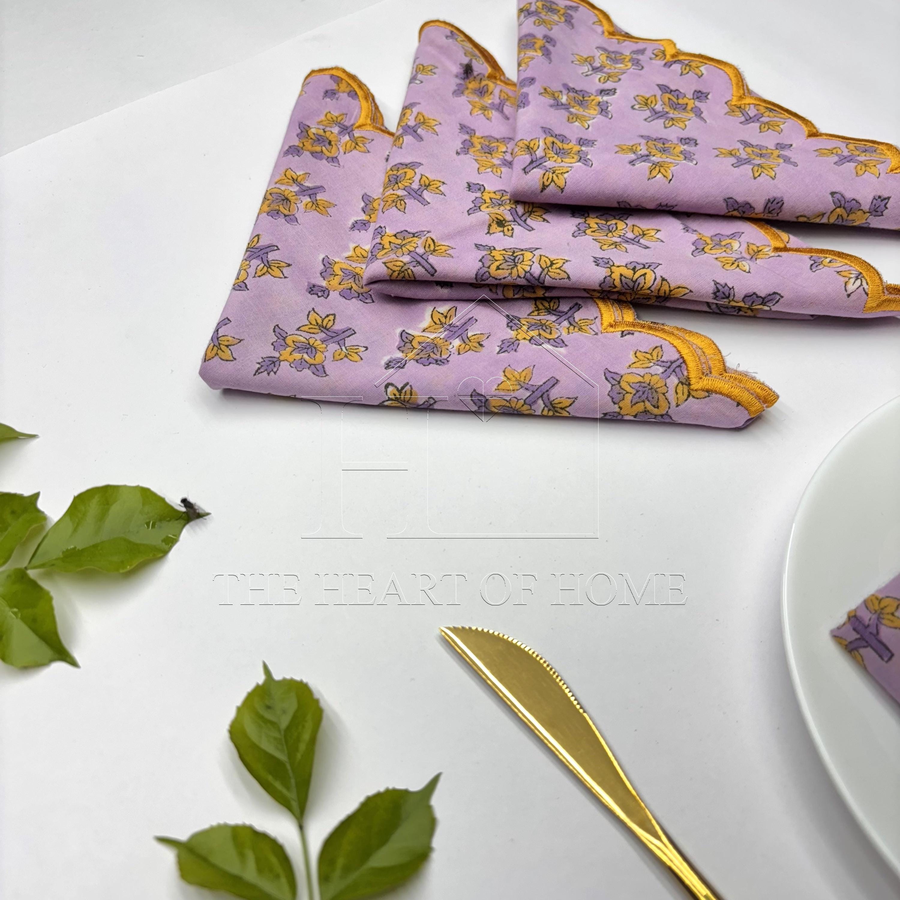 Lavender yellow scallop cotton Embroidery Napkins for table decoration and christmas gift | Reusable Floral Table Linen