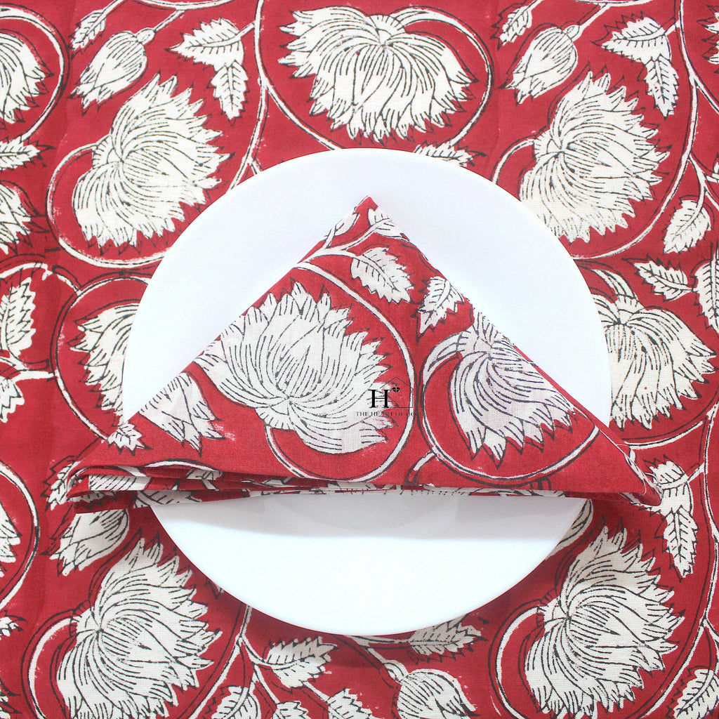 Red Floral Block Print Cotton Tablecloth - Farmhouse Kitchen Decor