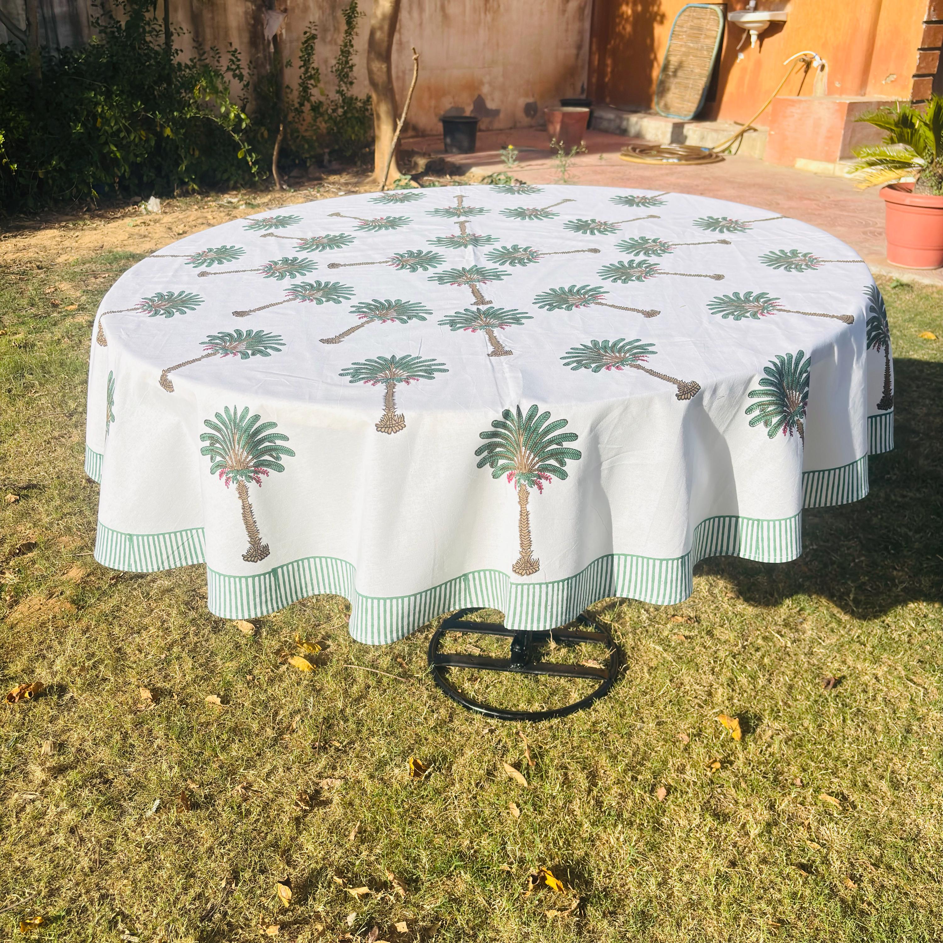 Hand Block Print Tablecloth: Tropical Palm Tree, 72 inch Round Cotton