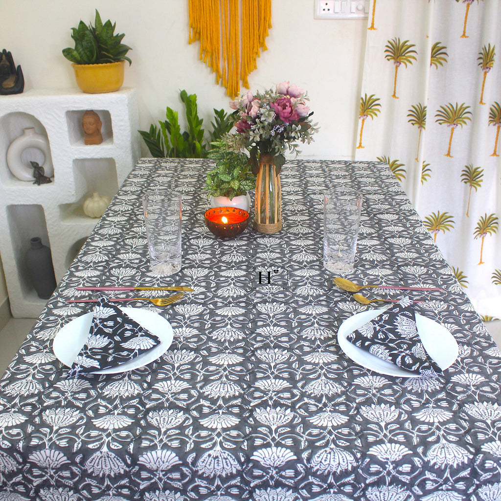 Black Floral Block Print Cotton Tablecloth - Waterproof Rustic Dining Cover