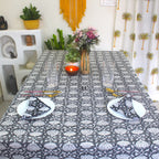 Black Floral Block Print Cotton Tablecloth - Waterproof Rustic Dining Cover
