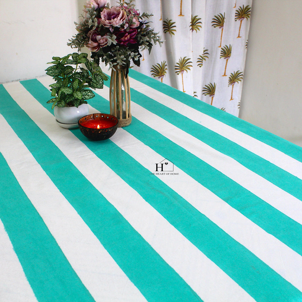 Hand-Block Stripe Cotton Tablecloth: Sea Green Waterproof Dining Table Cover