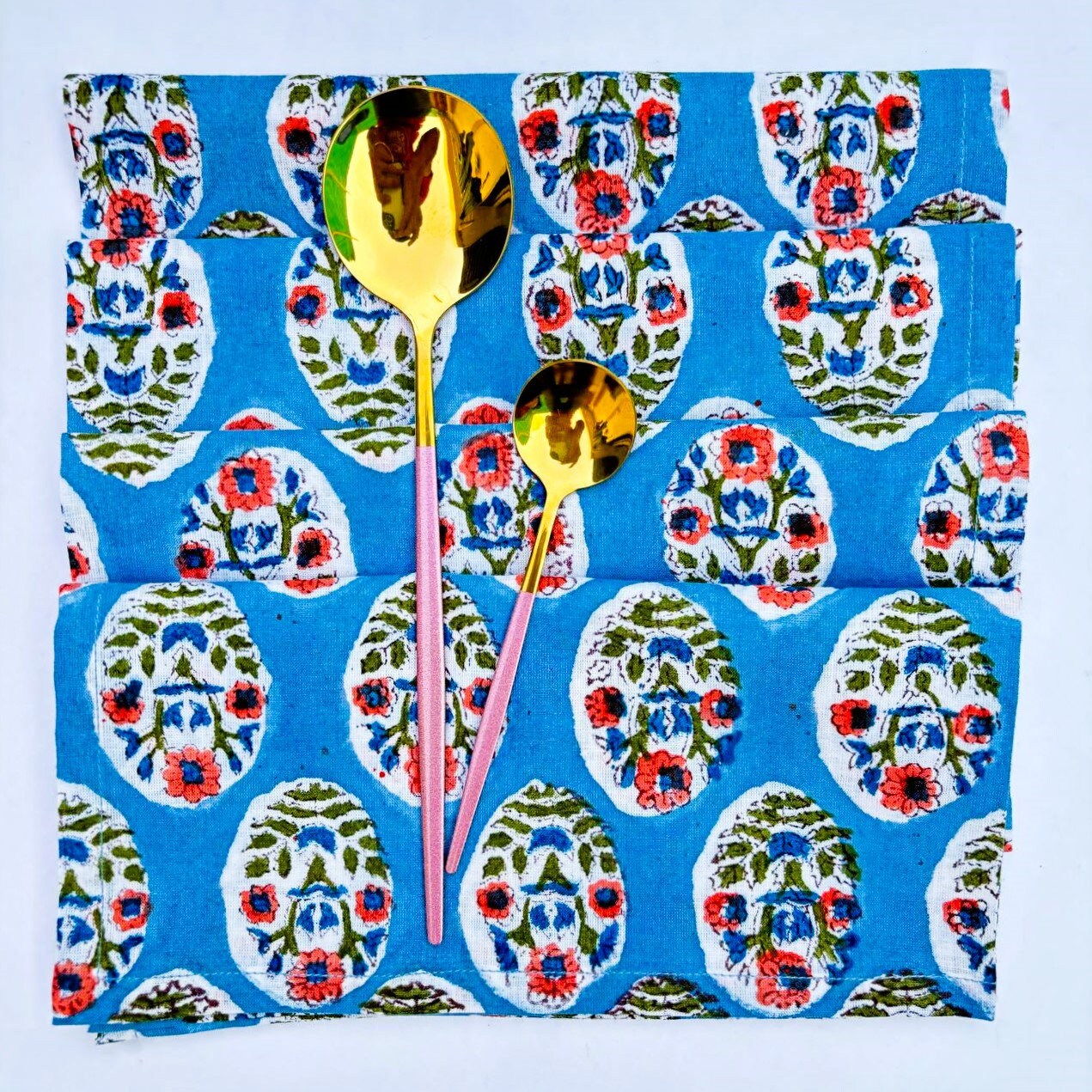 Handmade Blue Floral Block Printed Cotton Napkins