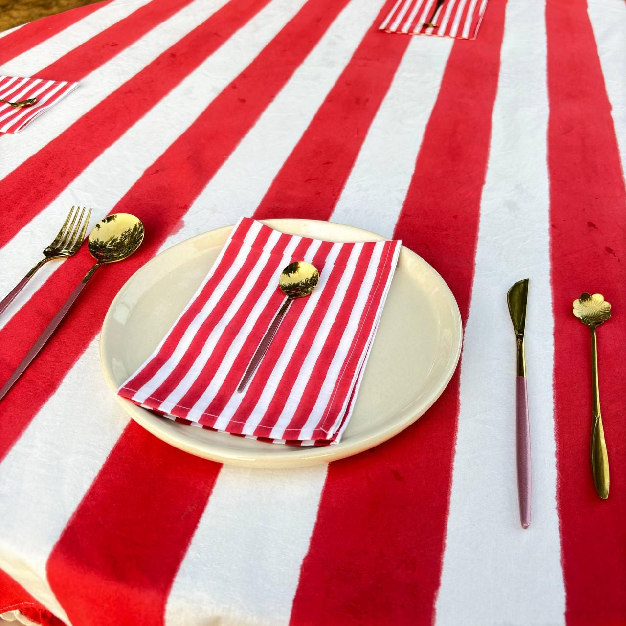Red Stripe Table Cloth for Round Table hand block printed | christmas gift | wedding table deor