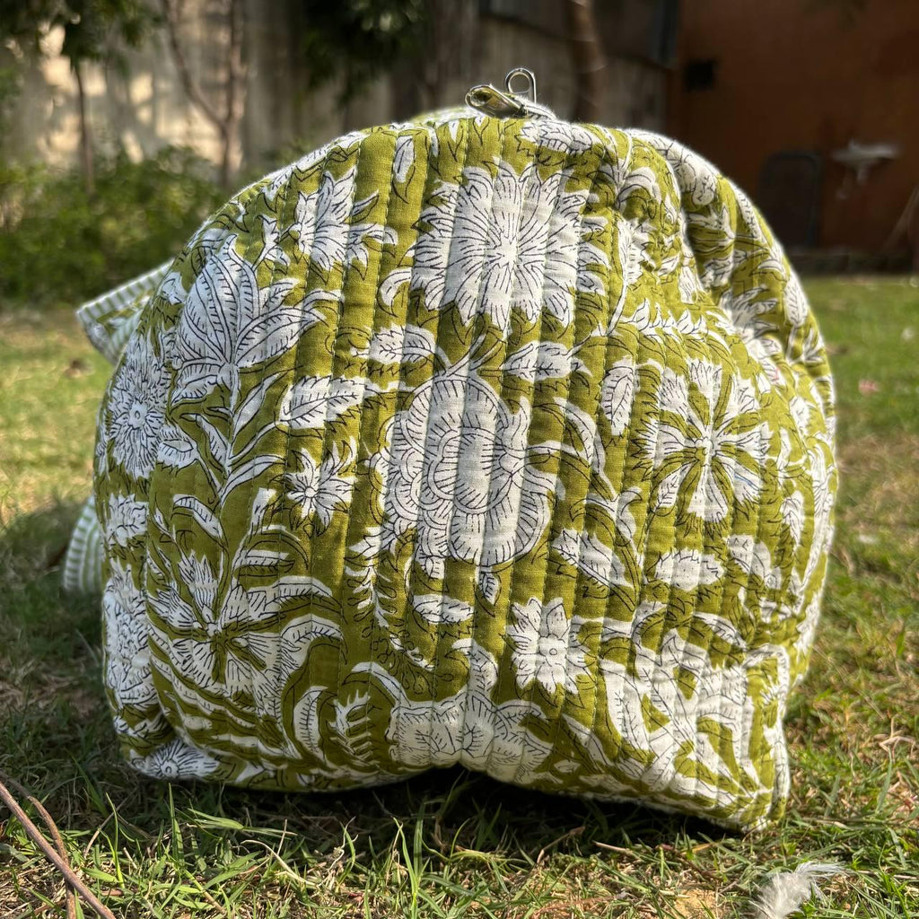 Handmade Limerick Green Floral Quilted Duffle Bag: Cotton Travel Gym Bag