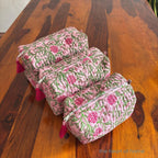 Handblock Printed Quilted Cosmetic Pouch Set: Pink Toiletry Bags, Travel Organizers