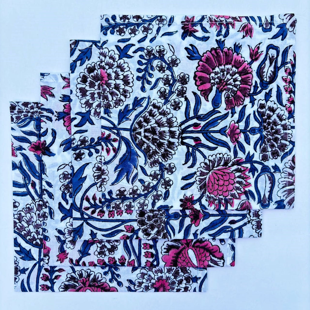 Floral Hand Block Printed Cotton Napkins: Indian Artisan Decor