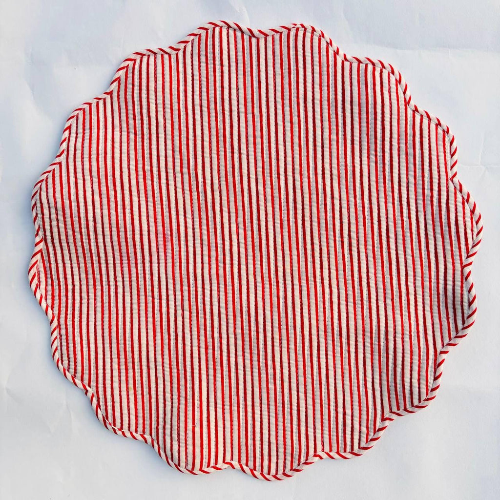 Floral Quilted Placemat & Napkin Set: Christmas Green and Red, 15x15 Inch