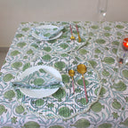 Sage Green Floral Tablecloth: Hand-Block Printed Cotton, Rustic Farmhouse Style