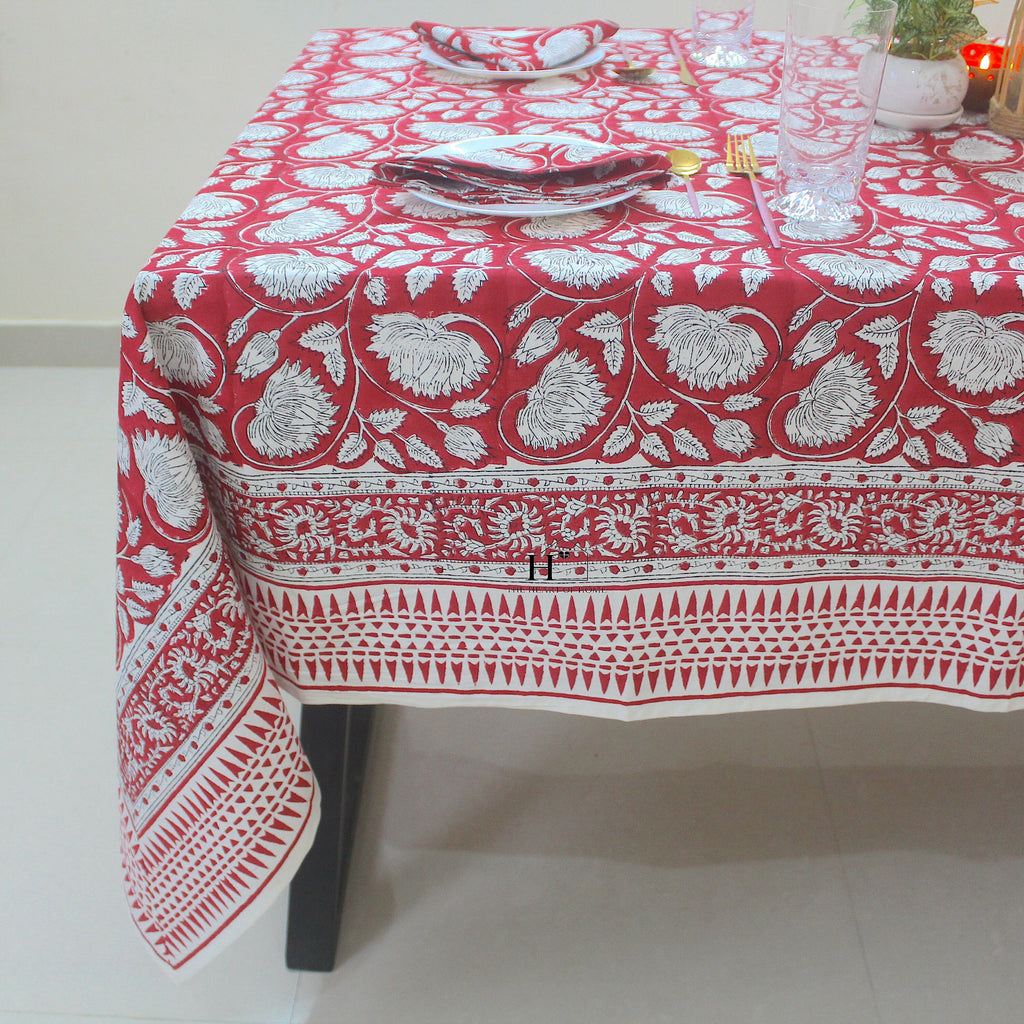 Red Floral Block Print Cotton Tablecloth - Farmhouse Kitchen Decor