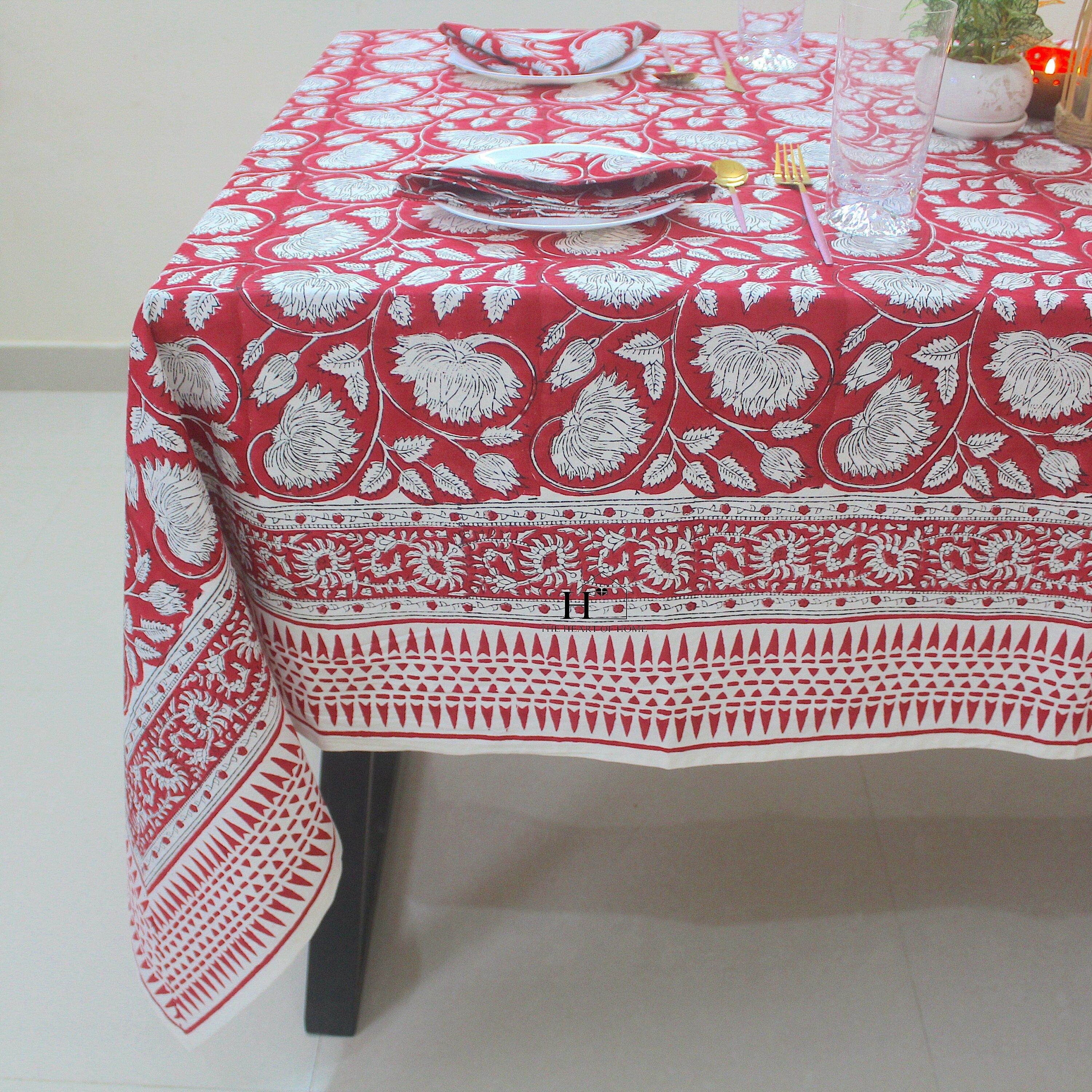 Red Floral Block Print Cotton Tablecloth - Farmhouse Kitchen Decor