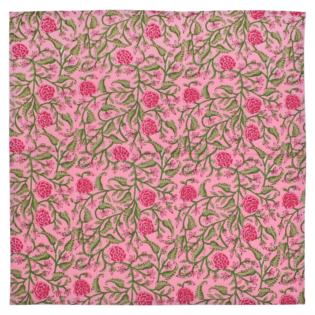 Floral Hand Block Printed Cotton Napkins: Pink & Green Table Decor