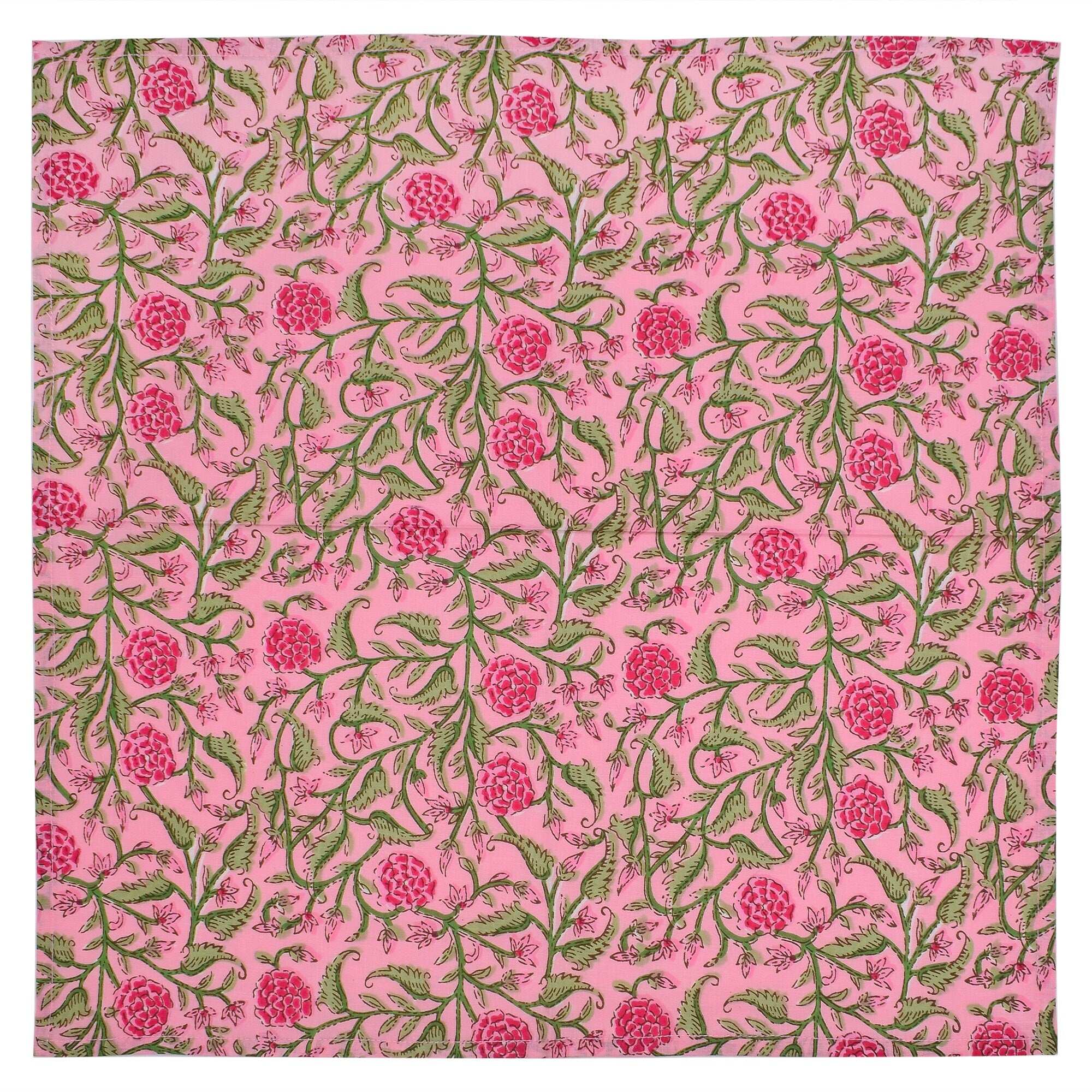 Floral Hand Block Printed Cotton Napkins: Pink & Green Table Decor