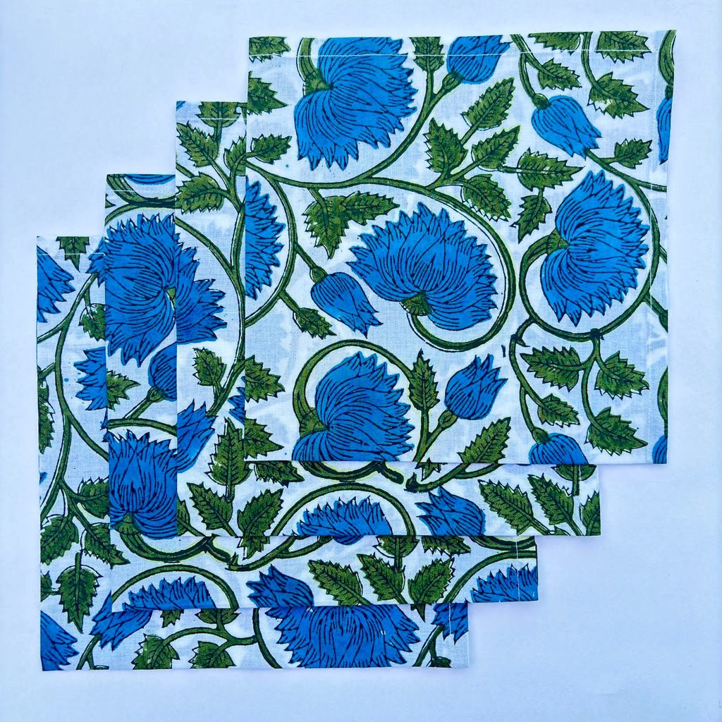 Hand Block Printed Cotton Napkins: White & Blue Floral Table Decor