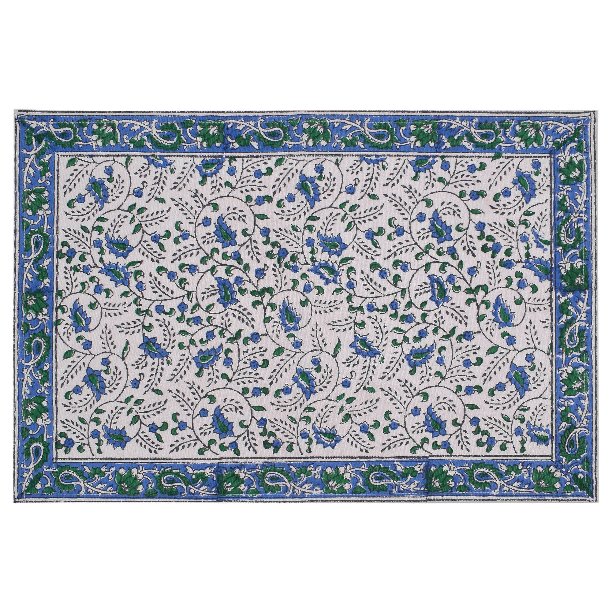 Hand Block Printed Placemats and Napkins: Cobalt Blue Floral Cotton Set