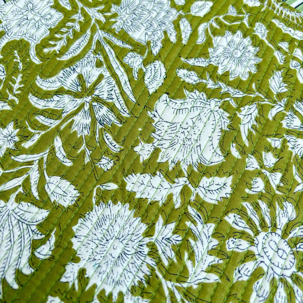 Floral Quilted Round Placemats with Napkins: Parrot Green Cotton Set