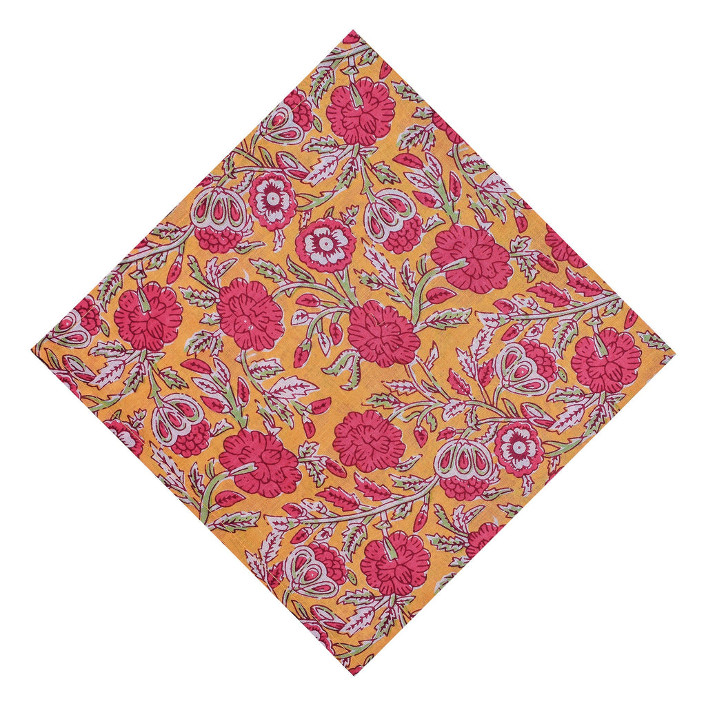 Hand Block Printed Cloth Napkins: Mustard & Pink Floral Cotton Dining Decor