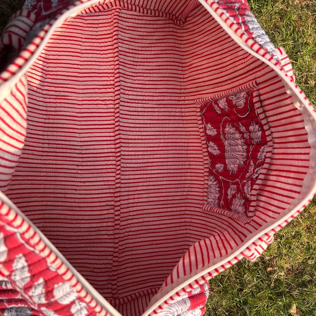 Large Bright Red Cotton Quilted Duffle Bags Block print Gifts Handmade Colorful Travel night Travel Gym Yoga Luggage pocket 18x9x9 inches