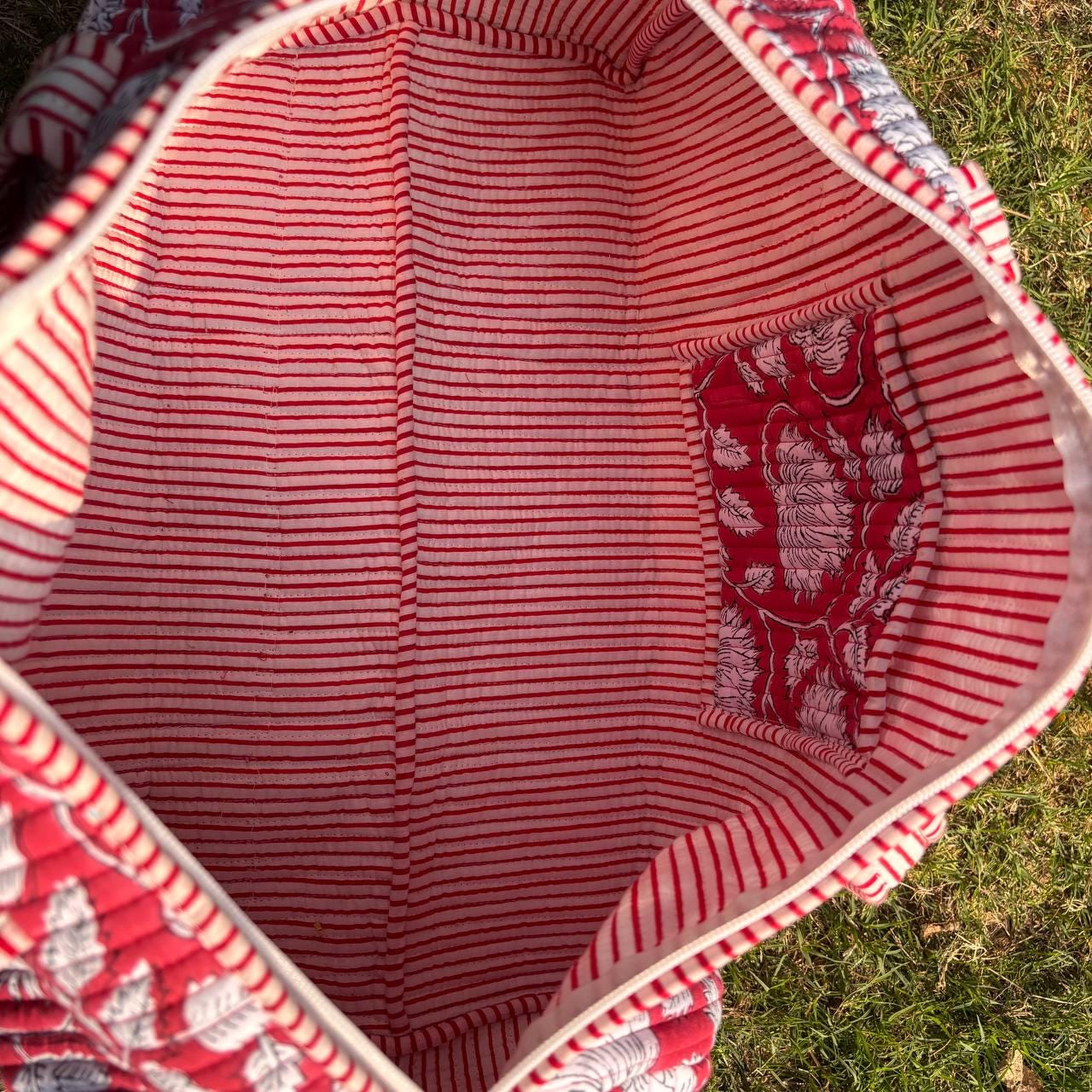 Large Bright Red Cotton Quilted Duffle Bags Block print Gifts Handmade Colorful Travel night Travel Gym Yoga Luggage pocket 18x9x9 inches