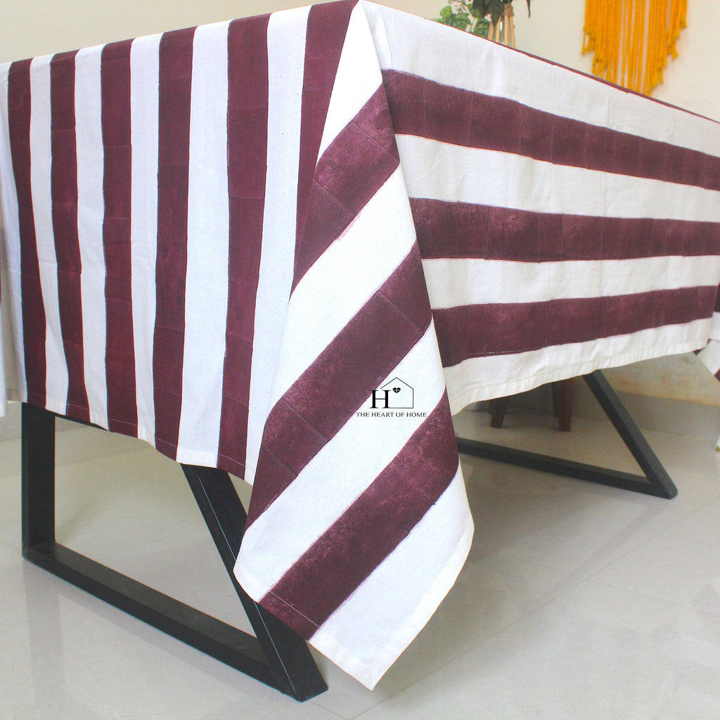 Hand-Block Congo Brown Striped Cotton Tablecloth - Waterproof Rustic Dining