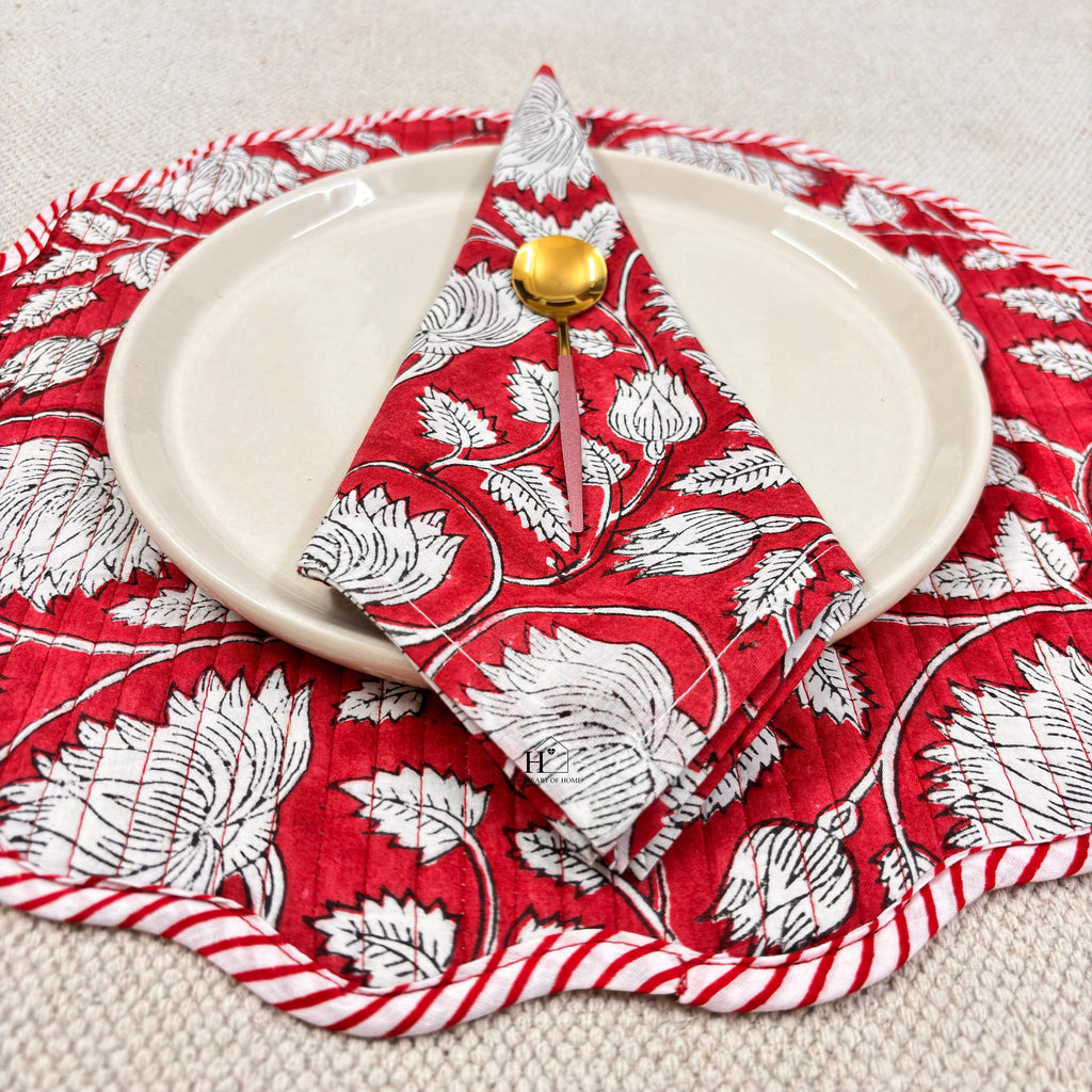 Handcrafted Red Floral Quilted Placemat & Napkin Set: Cotton Dining Decor