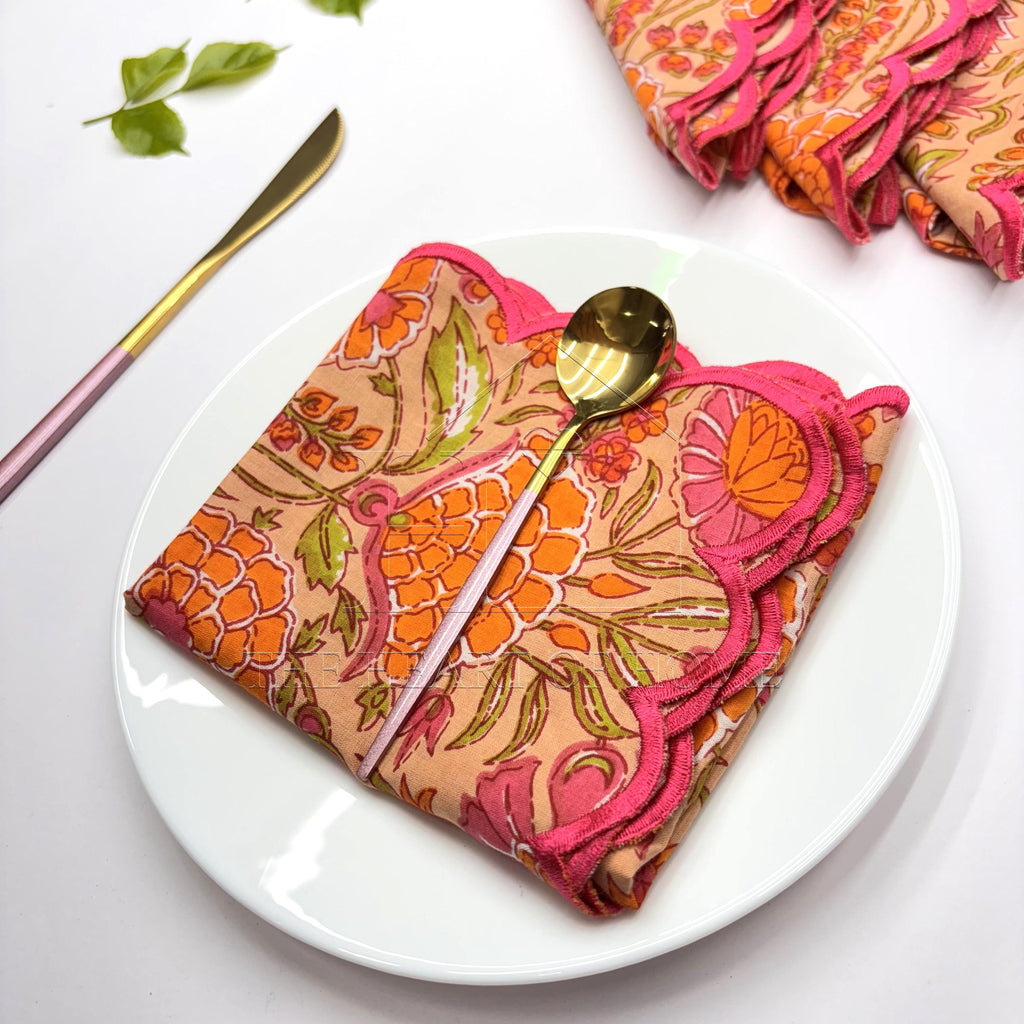 Orange Hand Block Printed Napkins: Embroidered Scallop Edge, Sustainable Cotton