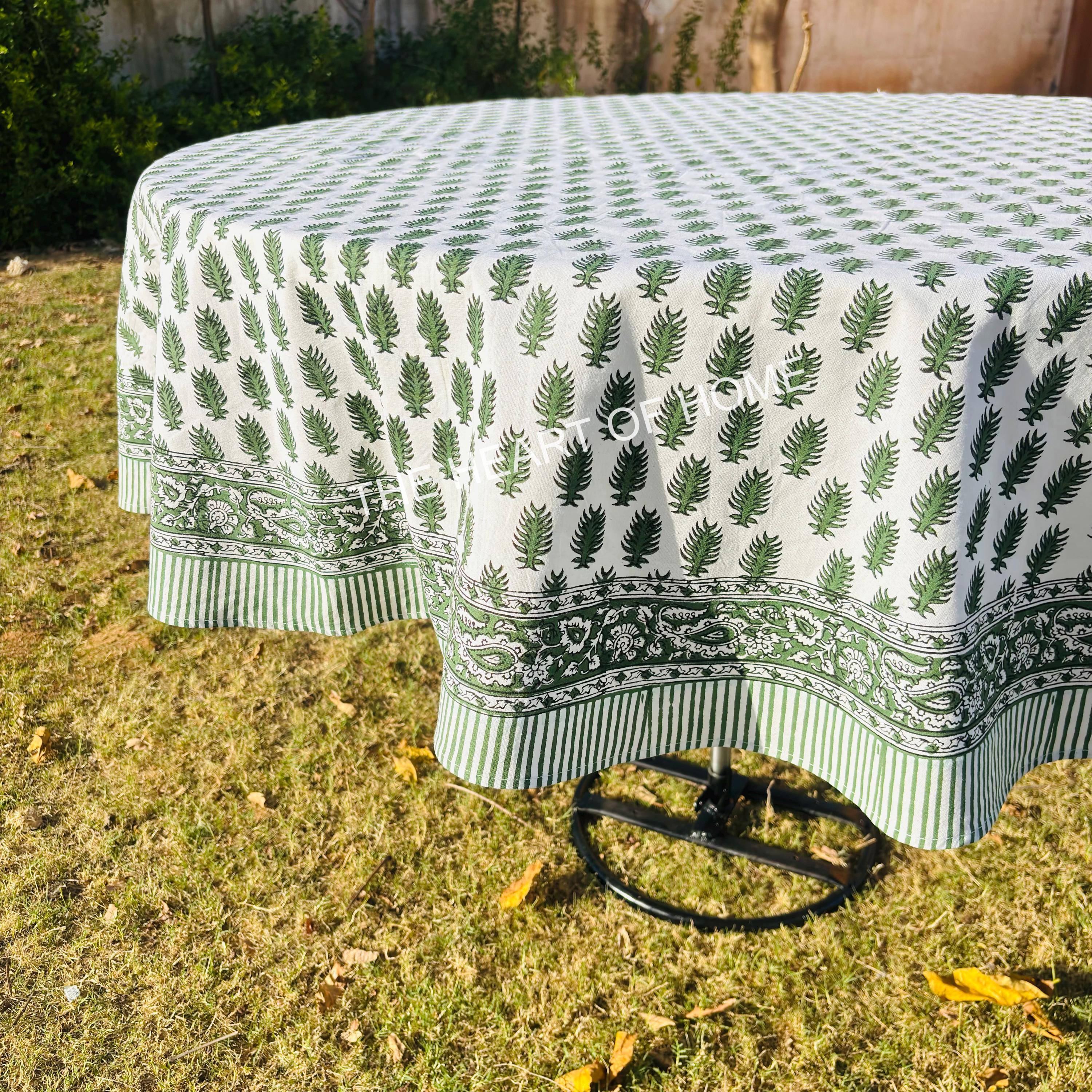 Hand Block Print Tablecloth: Tropical Palm, 72" Round Cotton