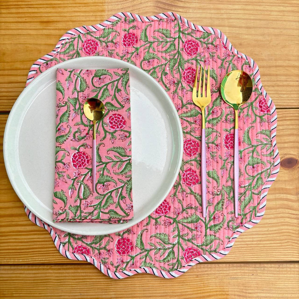 cotton hand block printed mat for dining table | reversible table mat with matching napkins | washable 100% cotton placemats christmas gift