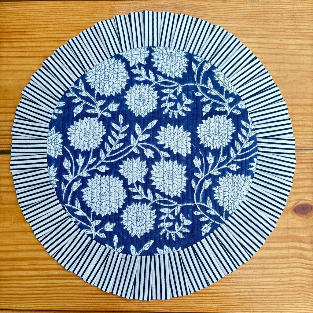 Handcrafted Royal Blue Floral Quilted Placemat & Napkin Set