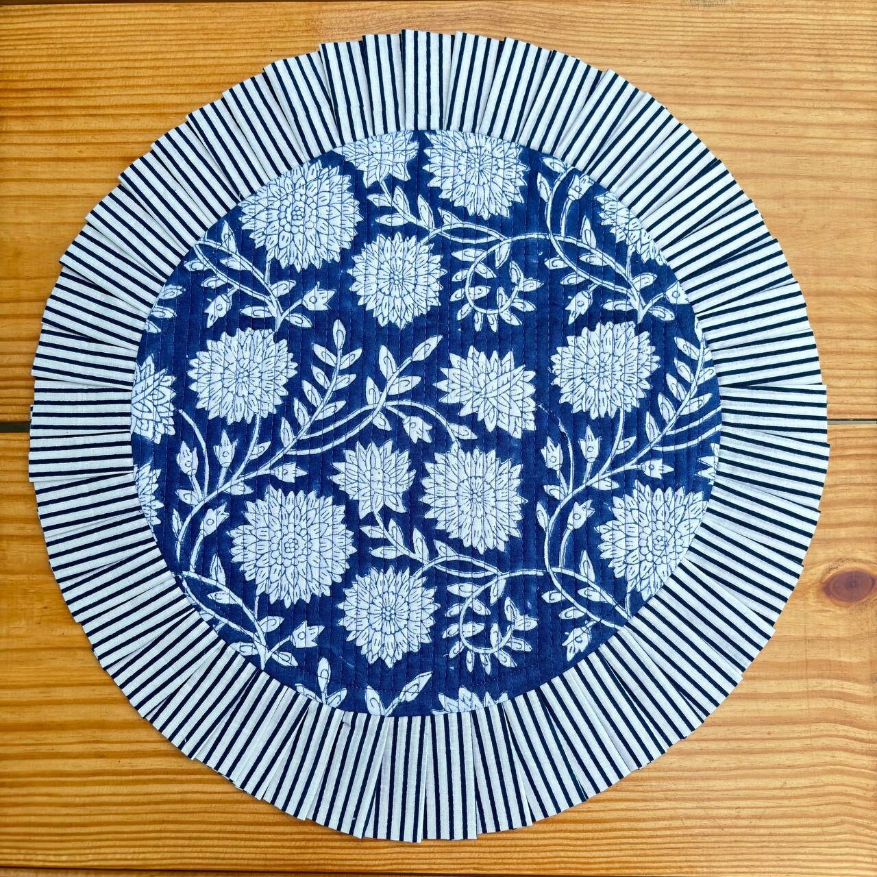 Handcrafted Royal Blue Floral Quilted Placemat & Napkin Set