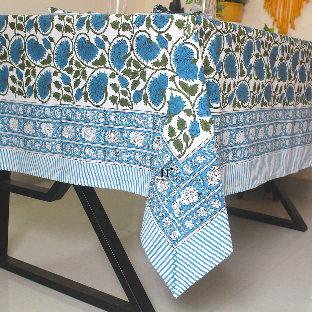 Blue Floral Block Print Cotton Tablecloth: Rustic Farmhouse Dining
