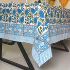 Blue Floral Block Print Cotton Tablecloth: Rustic Farmhouse Dining