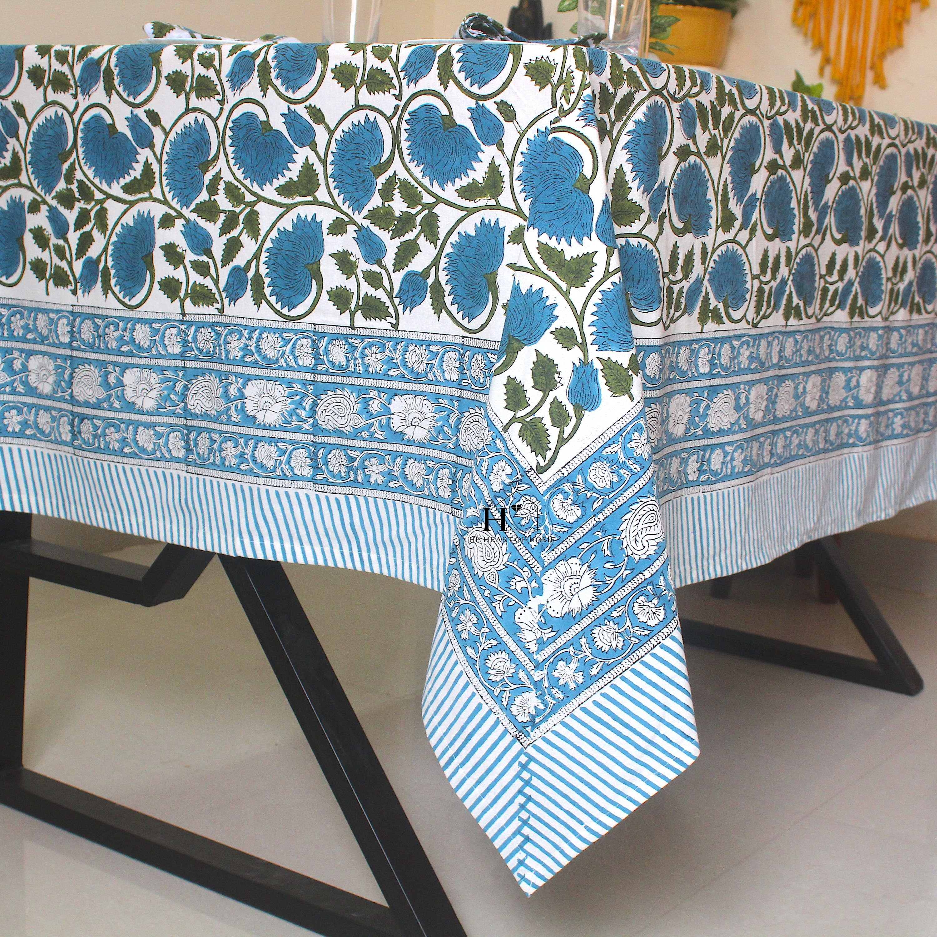 Blue Floral Block Print Cotton Tablecloth: Rustic Farmhouse Dining