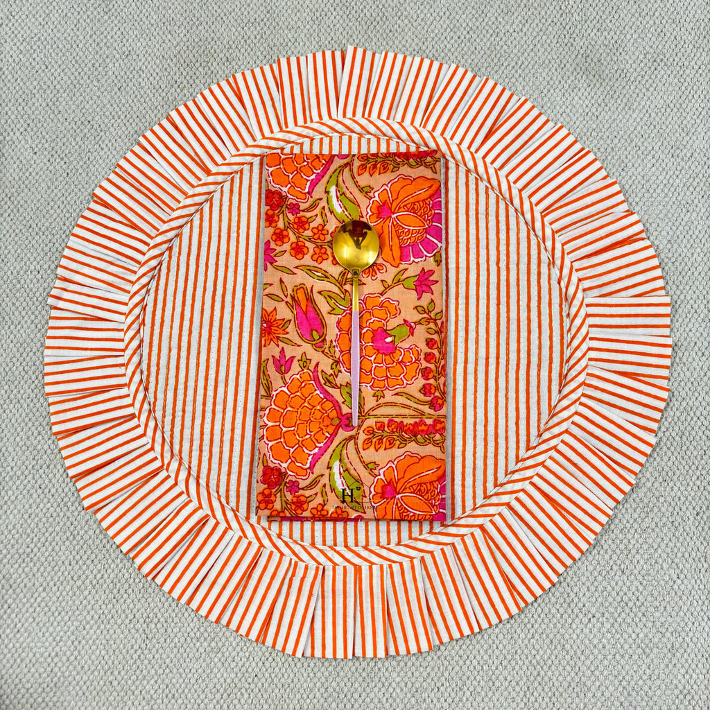 Handcrafted Orange Floral Quilted Placemat & Napkin Set: Indian Artisan Decor