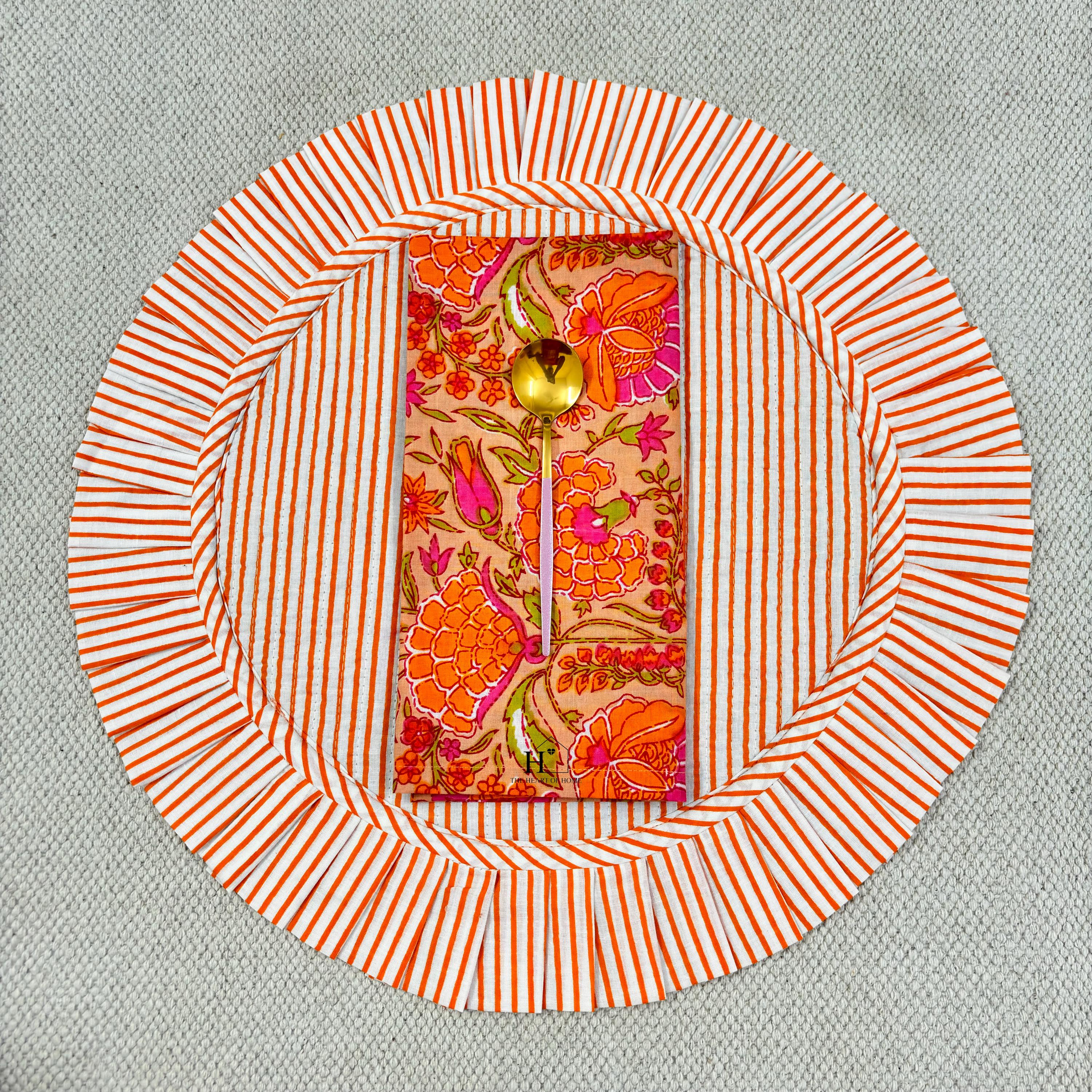 Handcrafted Orange Floral Quilted Placemat & Napkin Set: Indian Artisan Decor