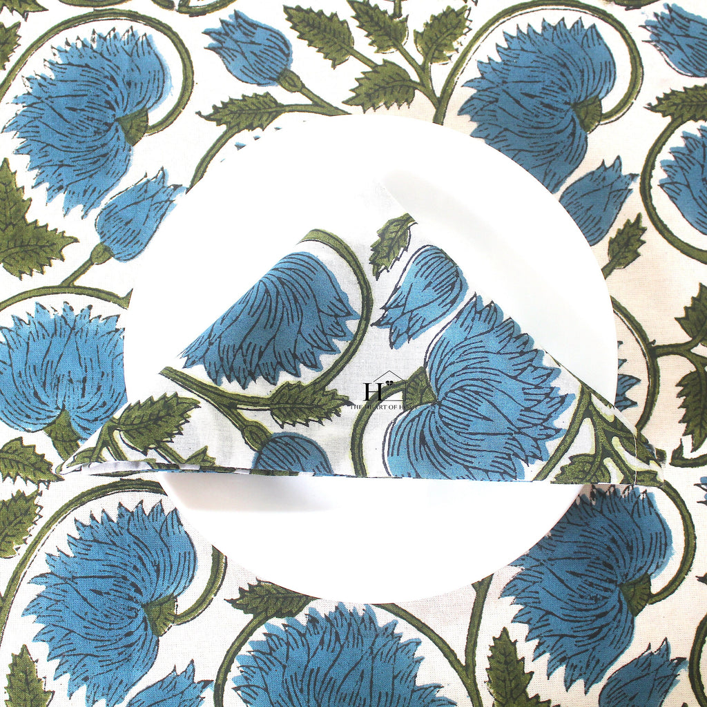 Blue Floral Block Print Cotton Tablecloth: Rustic Farmhouse Dining