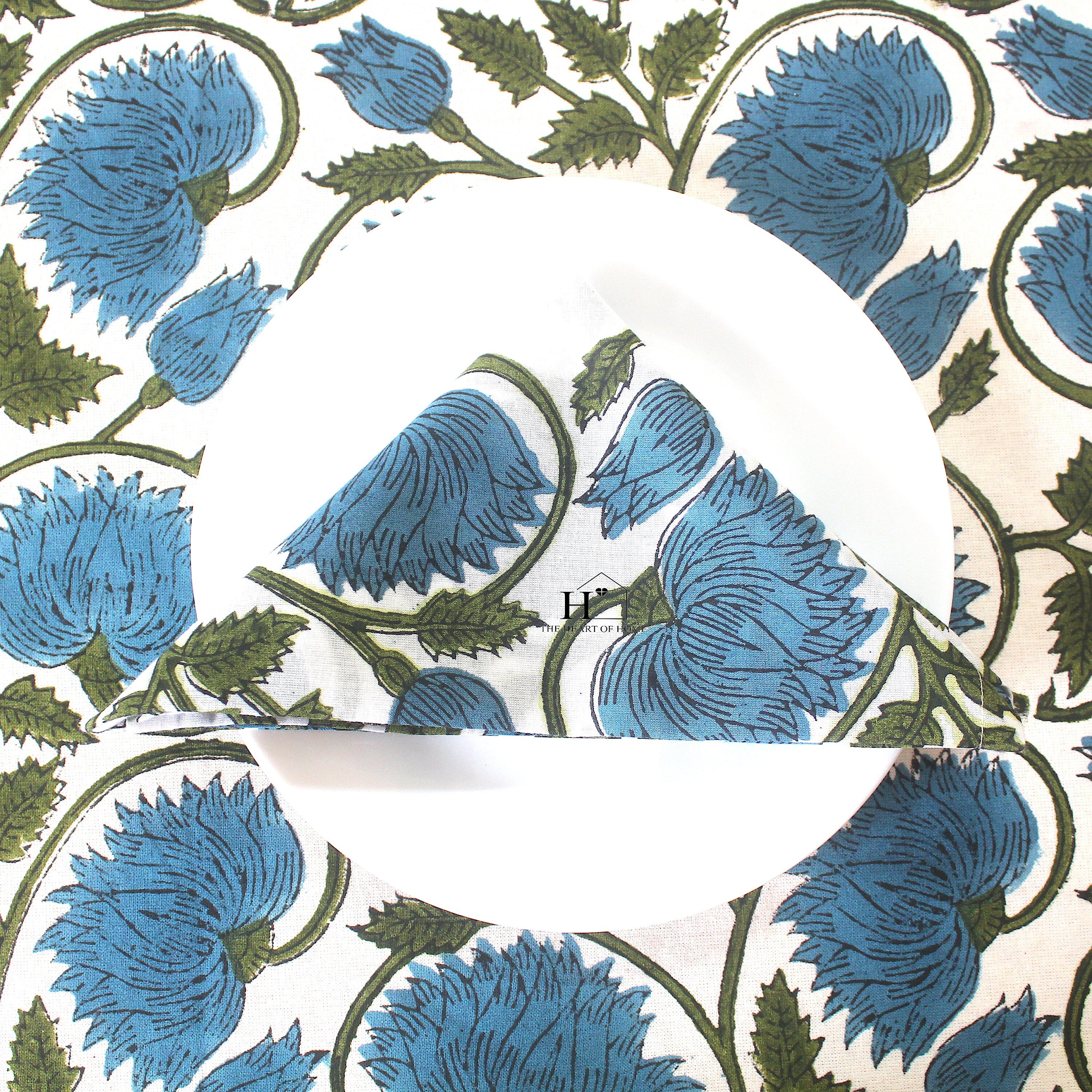 Blue Floral Block Print Cotton Tablecloth: Rustic Farmhouse Dining