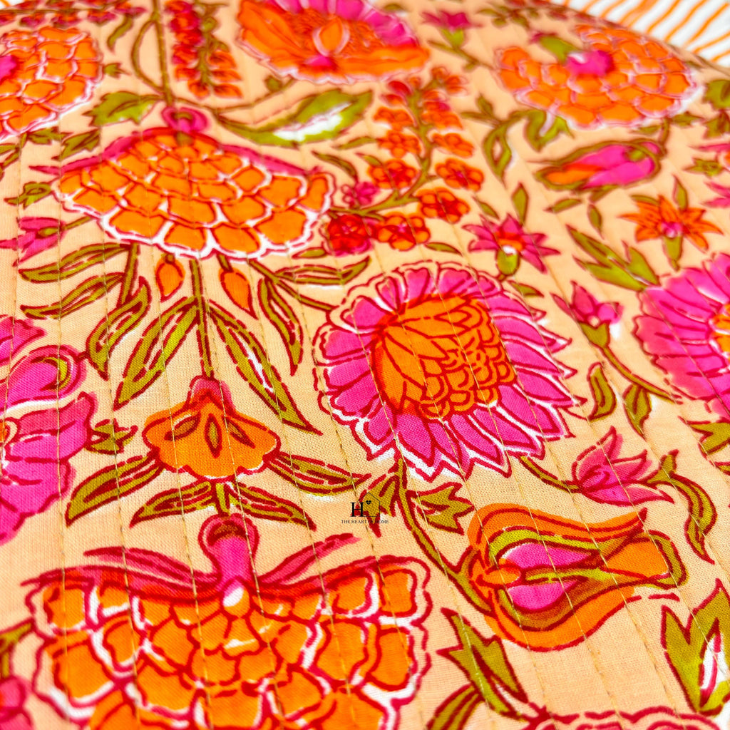 Handcrafted Orange Floral Quilted Placemat & Napkin Set: Indian Artisan Decor