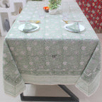 Hand Block Printed Olive Green Linen Tablecloth - Custom Sizes