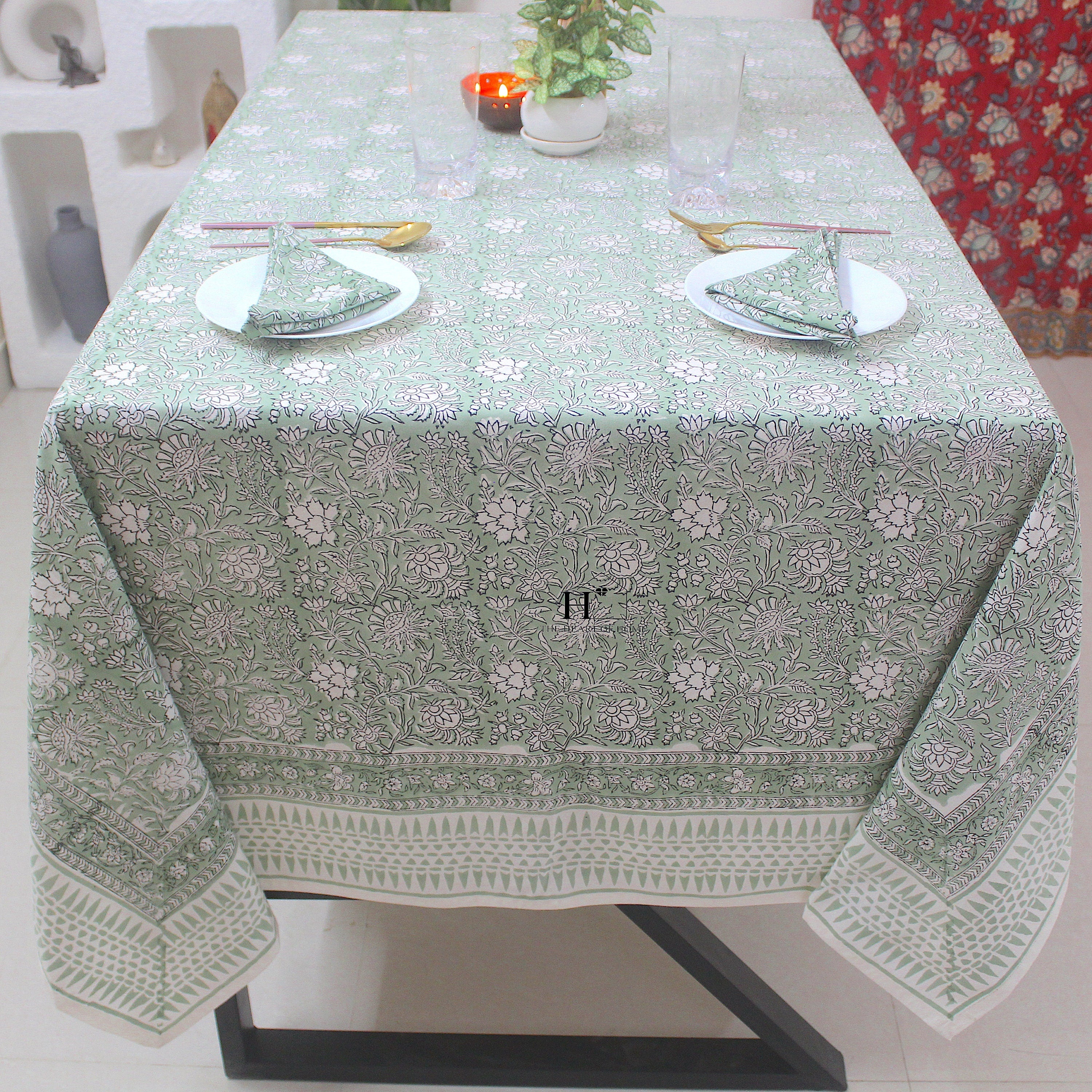 Hand Block Printed Olive Green Linen Tablecloth - Custom Sizes