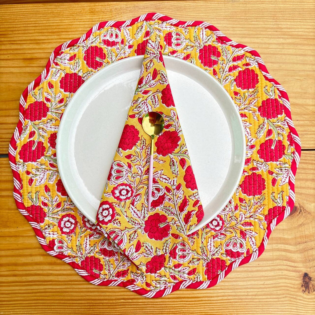 Floral Quilted Placemat & Napkin Set: Mustard Yellow Cotton Table Decor