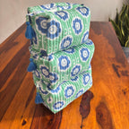 Handblock Printed Quilted Cosmetic Pouch Set: Green Travel Toiletry Bags