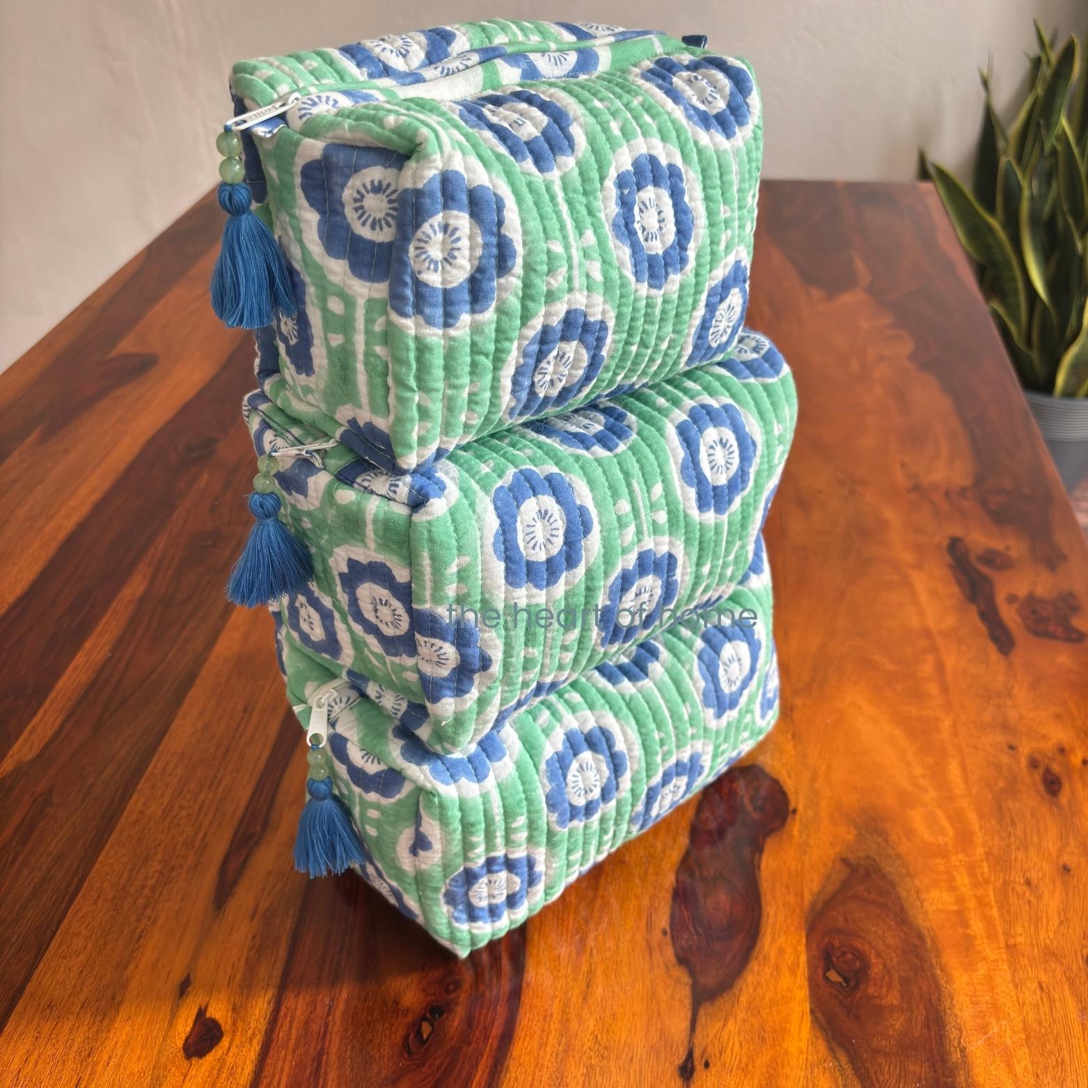 Handblock Printed Quilted Cosmetic Pouch Set: Green Travel Toiletry Bags