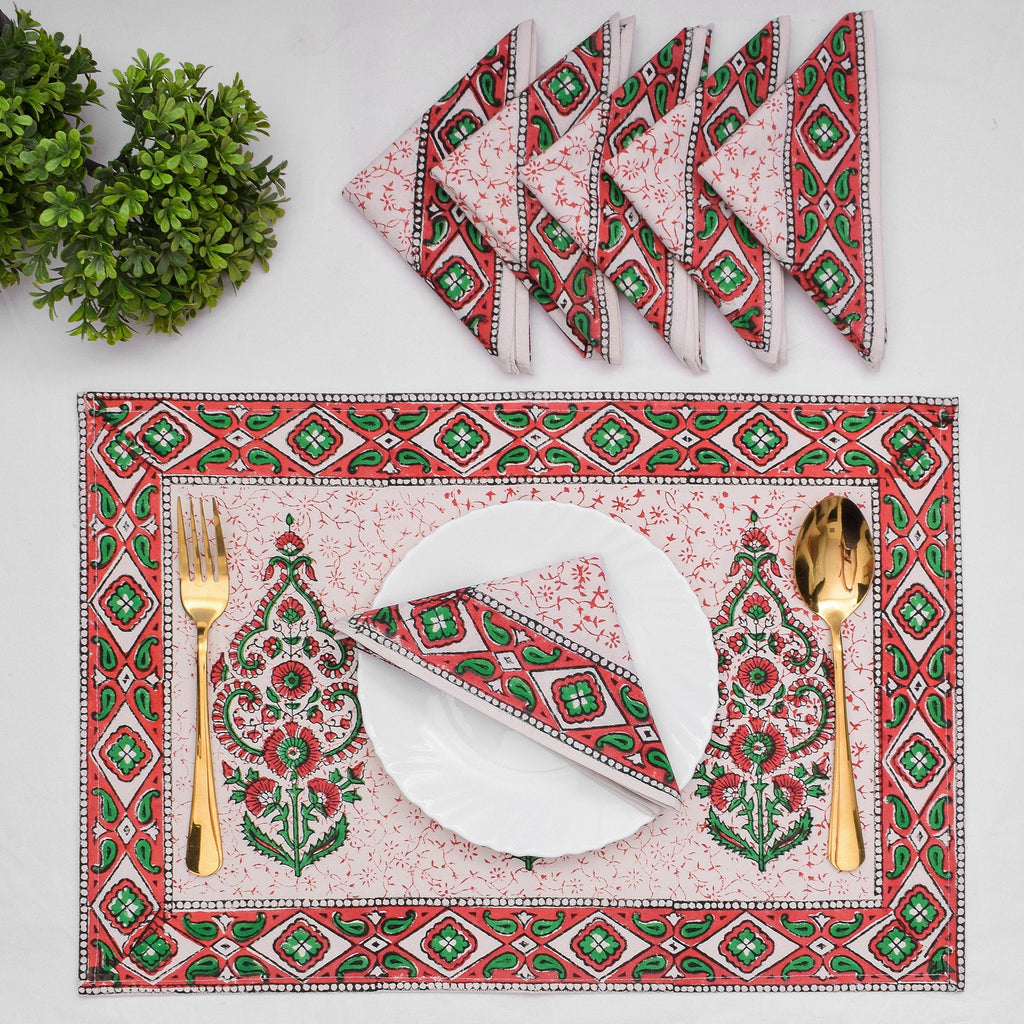 Hand Block Printed Placemats & Napkins: Burgundy Red Floral Cotton Set