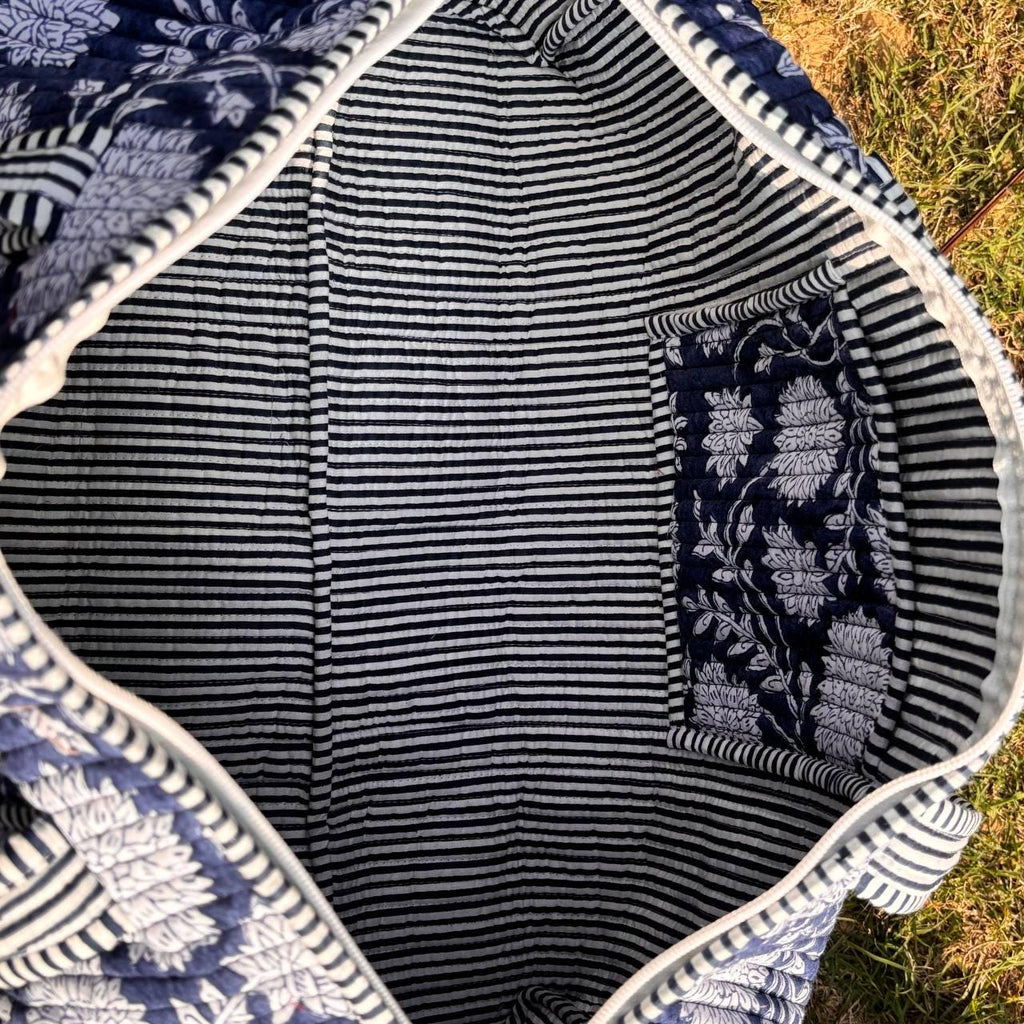 Large royal blue Cotton Quilted Duffle Bags Block print Gifts Handmade Colorful Travel night Travel Gym Yoga Luggage pocket 18x9x9 inches